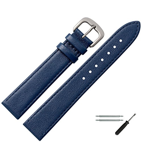 Uhrenarmband 18mm Leder blau, feines echtes Rindleder - Marburger Uhrband inkl. Federstege & Werkzeug - passend zu flachen Uhren - Marburger Uhrenarmbänder seit 1945 - dunkelblau / Titanschließe