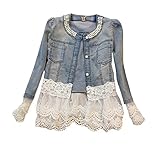 S=>EU 32, M=>EU 34, L=>EU 36, XL=>EU 38, XXL=>EU 40, XXXL=>EU 42, Damen Casual Denim Cute Spitze Short Jeans-Jacke Denim mit Jeansjacke