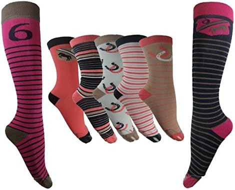 7 Pairs of Bamboo Equestrian Horse Riding Socks 5 x Crew &amp; 2 x Long Riding 5 Styles (Pink)
