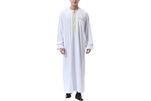 BeerMmay Herren Muslim Druck Kaftan Islamisch Royalty Dubai Robe O-Ausschnitt Lange Ärmel Retro Tuniken Abaya Lose Kandoura