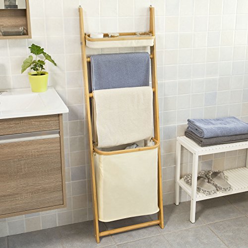 SoBuy® Leiterregal, Standregal, Handtuchleiter,Badregal, mit Handtuchstangen und Wäschebeutel, FRG88-MI - 4