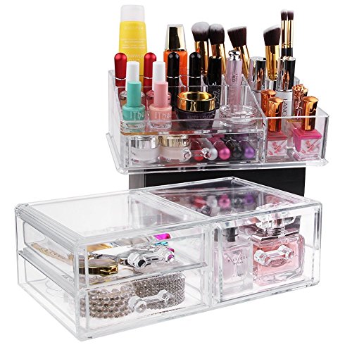 ISWEES Make Up Tasche Storage Kosmetik Organizer Aufbewahrung 2 Teile 4 Große Schubladen Acryl,Transparent - 5