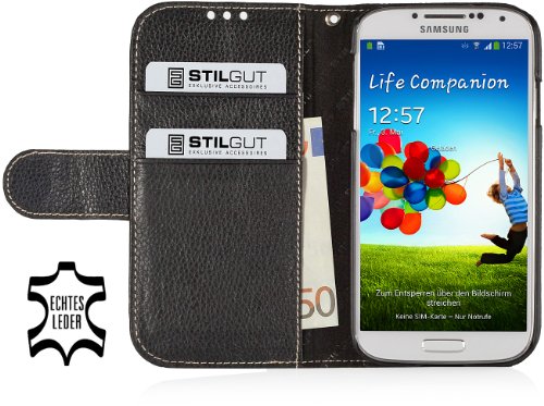 StilGut Talis Book Type Funda en Piel auténtica con Compartimento para Dinero y Tarjetas de crédito para el Original Samsung Galaxy S4, Negro