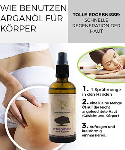 Reines Arganöl 100 ml. 100% kalt gepresst Argan Oil, ohne Konservierungsstoffe für Gesicht, Haare, Haut, Nägel – Natürlich & intensiv feuchtigkeitsspendend nährend für weiche, junge Haut, glatte Haare & gesunde Nägel, reich an Vitamin E, Anti Aging Serum, Natürliche Geruch, ECO CERT, ÖKO-GARANTIE CERT, USDA ORGANIC CERT - 4