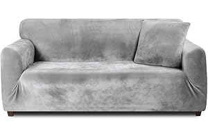 Teynewer Thick Velvet Sofa Covers 1 2 3 4 Seater High Stretch Non-Slip Couch Cover Furniture Protector Plush Sofa Slipcovers with 1 pillowcase for Living Room Dogs Cats Pet (2 Seater, Light Grey)