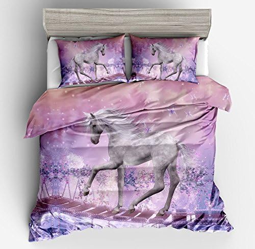 SxinHome 3D Pink Unicorn Horses Bedding Set with hide Zipper for Teen Girls Kids, Duvet Cover Set,3pcs 1 Duvet Cover 2 Pillowcases(No Comforter or Filling),Twin Size