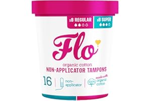 Flo Organic Cotton Non-Applicator Tampons Combo Pack – Absorbent, Soft – 8 Regular & 8 Super – 16 Count