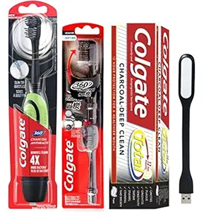 Colgate 360 Charcoal Battery Power Toothbrush|360 Charcoal Battery Refill(Pack of 2) Charcaol Toothpaste,120g (Free USB LED Rs.150)