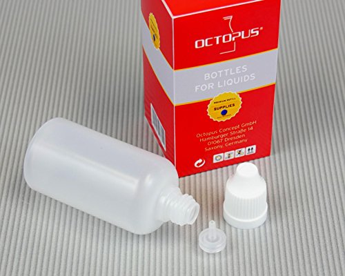 5 x 50 ml Octopus Tropfflaschen, zur Dosierung von Flüssigkeiten, E-Liquids, Augentropfen, leere LDPE Kunststoffflaschen transparent, Tropferflaschen mit weissen Tropfverschlüssen, mit Kindersicherung, inkl. 5 Beschriftungsetiketten - 2