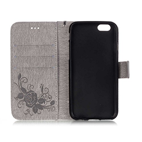 iPhone 6S / iPhone 6 Case Leather [with Free USB Charging Cable], ESSTORE-EU Elegant Butterfly Rose Patterned Embossing PU Leather Stand Function Protective Cases Covers with Card Slot Holder Wallet Book Design Fordable Strap Case for Apple iPhone 6S / iPhone 6 4.7 Inch, Grey