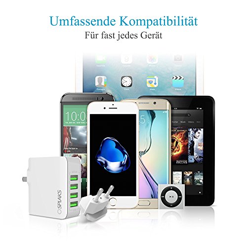 USB Ladegerät, Splaks [Built-in Safety Protection] 4-Port Schnell Aufladen Ladestecker Ladeadapter Ladegerät Charger USB-Netzteil mit Smart-Detective Technologie für iPhone iPad Tablet Samsung Galaxy, HTC, Sony, LG, Nexus,Motorola usw.EU-Stecker, weiß - 5