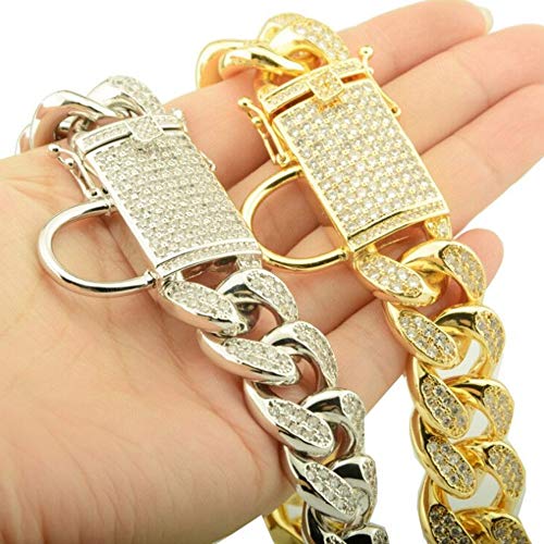 Preisvergleich Produktbild DINGG 18mm Dog Collar, Gold Steel Full Diamond Dog Chain Collar Strong and Durable, Prevent Big Dog Bites,Gold,30