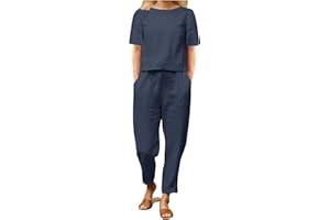 AEGJEGVD Leinen Outfits Damen Leicht Baumwolle Hosenanzug 2 Teiler Bluse Tshirt und Lange Hosen Freizeitanzug Casual Einfarbig Jogginganzug Leicht Atmungsaktiv Sportanzug Lose Elegant Tracksuit 2024