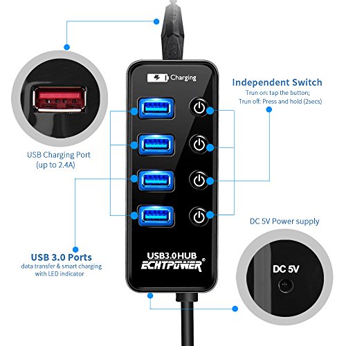 ECHTPower 4 Port USB 3.0 HUB Datenhub Erweiterung, USB Extra Leicht Verteiler mit 2.4A USB Ladeanschluss und Ein/Aus Schaltern für Apple MacBook, MacBook Air, MacBook Pro, Mac Mini, iMac, MacPro, Windows Laptops und Ultrabooks, sowie PCs und weiteren USB 3.0 kompatiblen Geräten - 5