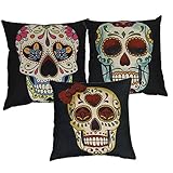 Luxbon 3er Set Totenkopf Schädel Leinen Kissenbezug Kissenhülle Sofakissen Pillowcase Haus Auto Deko 18 x 18 '' Schwarz
