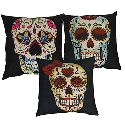 Luxbon 3er Set Totenkopf Schädel Leinen Kissenbezug Kissenhülle Sofakissen Pillowcase Haus Auto Deko 18 x 18 '' Schwarz