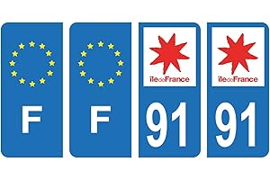 HADEXIA Lot 4 Autocollants Plaque immatriculation département 91 Essonne Région Ile-de-France & F France Europe