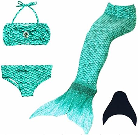 Kidssky Kids Girls Mermaid Tails Swimwear Sets with Monofin 4 Pcs Bikini Sets for Swimming (140cm/7-8 Years, Green)