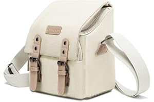Cwatcun Compact Camera Bag Case Canvas Leather Trim Compatible for Nikon, Canon, Sony Mirrorless Camera and Lenses Water Resistant, Camera Shoulder Messenger Bag Beige