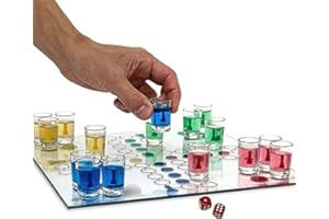 Framan Juego del Parchís con chupitos para Beber. Clásico Juego del Ludo con 15 Vasos de chupito, Tablero de Cristal y 2 Dados. 33x33cm
