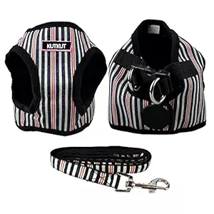 KUTKUT Adjustable No-Pull & No-Choke Vest Harness | Stripes Print Soft Comfortable Breathable Vest Harness and Leash Set for Puppy (Size: M, Adjustable Chest: 35cm - 40cm, Pet Weight 3kg - 5kg)