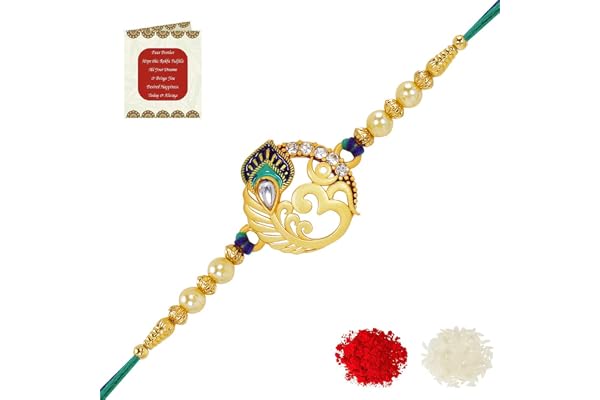 Riddhika Ventures Religious Meenakari Om and Peacock Feather Rakhi With Roli Chawal And Greeting Card (P3)