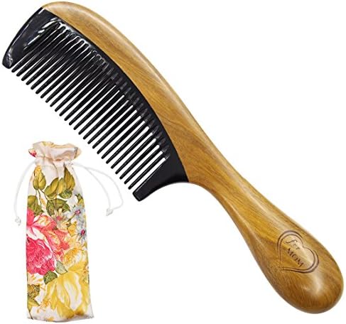 Goodsays Wood Hair Comb for Women - Green Sandalwood Handmade with Natural Buffalo Horn Fine Teeth - No Static Wooden Detangling Combs with Natural Aroma (Buffalo Horn Fine Teeth for mom)