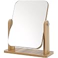 Hniuyun Vanity Mirror with Bamboo Stand, Small Desk Table Mirror with 360° Rotation, Standing Portable Makeup Mirror for Offices Bathroom, Bedroom (Square)