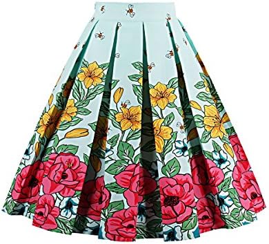 Women's A-Line Vintage Flare Pleated High Waist Skater Big Swing Midi Skirt(Bee, M)