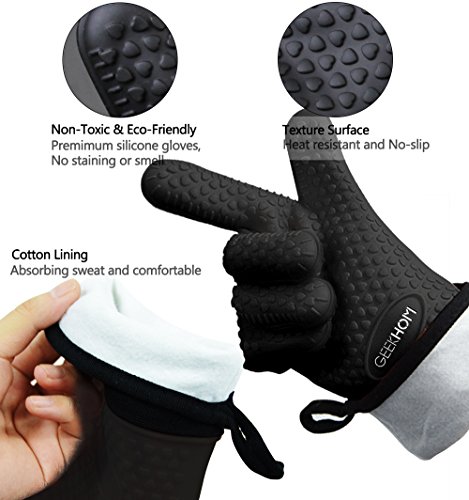 GEEKHOM Grillen Handschuhe, hitzebeständige Handschuhe Grill Küche Silikon Ofenhandschuhe, lange Wasserdicht Rutschfeste Topflappen zum Grillen, Kochen, Backen - 2