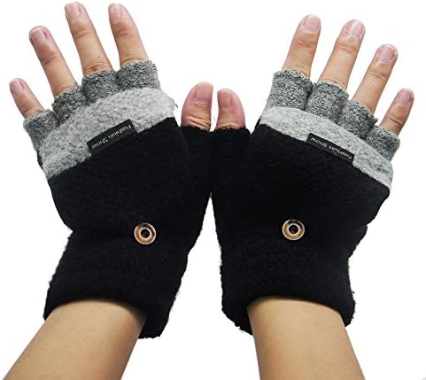 Knitted Half Finger Flip Top Gloves - 2 in 1 Warm Flexible Fingerless Mitten Knitted Capped Gloves (Black)