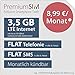 Produktbild PremiumSIM LTE 3,5 GB - monatlich kündbar (FLAT Internet 3,5 GB LTE mit max. 50 MBit/s mit deaktivierbarer Datenautomatik, FLAT Telefonie, FLAT SMS und FLAT EU-Ausland, 8,99 Euro/Monat)