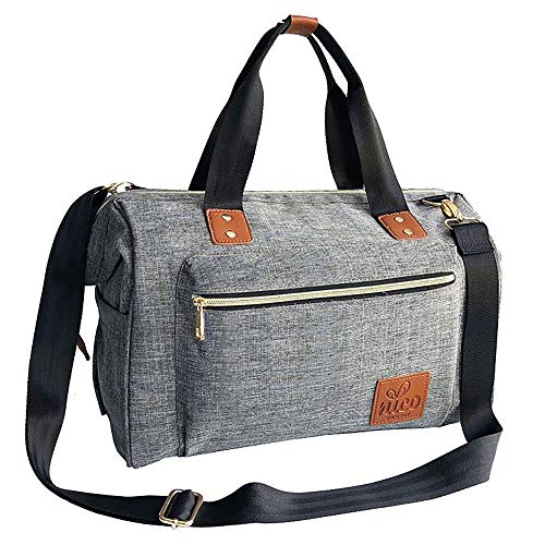 Preisvergleich Produktbild NICO Stilvolle Unisex Baby Wickeltasche, große Windel Wickeltasche, Essentials Organizer, isolierte Taschen mit Flasche Warmer Pouch, für Eltern oder Profis (grau / graue Farbe mit hochwertigen braunen PU Lederborten)