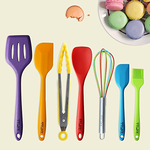 TTLIFE Premium Silikon Küchenhelfer (7 stück) – Teigschaber klein, Schneebesen, Spoonula, Pfannwender, Teigschaber groß,Grillzange,Backpinsel – Hitzebeständige Küchenzubehör/BBQ set/Küchen Utensilien Set für Kochen und Backen (Bunt) - 6