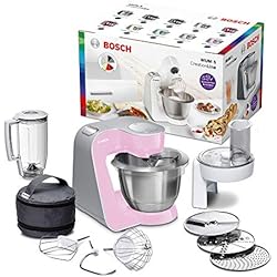Bosch MUM58K20 Robot culinaire CreationLine (1000 W, 3, 9 l, bol à mélanger en acier inoxydable, déchiqueteur continu, accessoire de mixeur), rose argenté (rose)