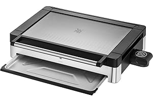 WMF Barbecue da Tavola con Coperchio in Vetro, Lono, Barbecue in Acciaio Inox 18/10, con Piastra Antiaderente, Termostato Removibile, Potenza fino a 2200W per Pietanze Veloci e Deliziose