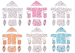 Toddylon Baby Boy/Baby Girl Jhabla/Shirts with Nappies, Cap and 6 Pairs of Mitten & Booties (0-6 Months) (Assorted Pack of 6)