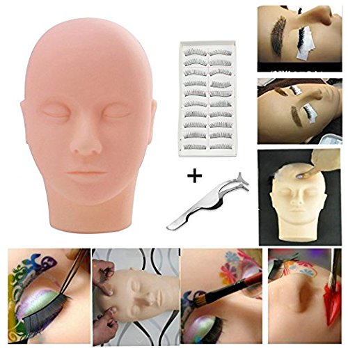 MYSWEETY Training Mannequin Flat Head Practice Make Up Eye False Lashes Eyelash Extensions Lip Tattoo Practice Model Manikin Head +10 False Lashes + Stainless Steel Clip Forceps