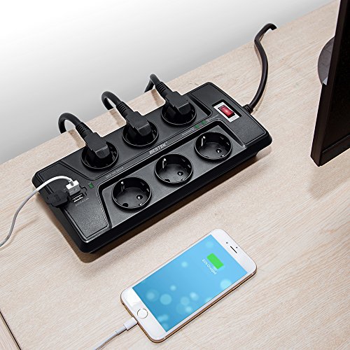 BESTEK 6 Fach schaltbare Steckdosenleiste mit USB(Smart IC), Steckerleiste Wandmontage hat 1500J Überspannungsschutz, 90 Grad gedreht, großer Buchsenabstand, Schwarz - 6