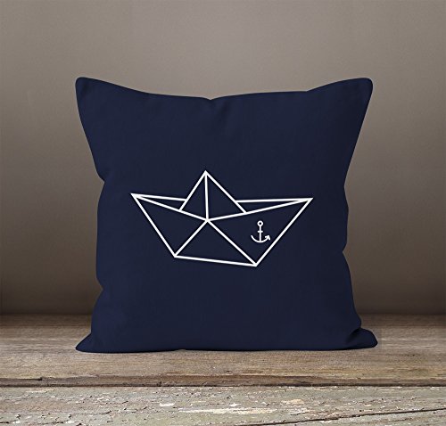 Kissenbezug Origami Schiffchen Schiff Anker Seemann Kissen-Hülle 40×40 Baumwolle Moonworks® navy 40cm x 40cm - 2