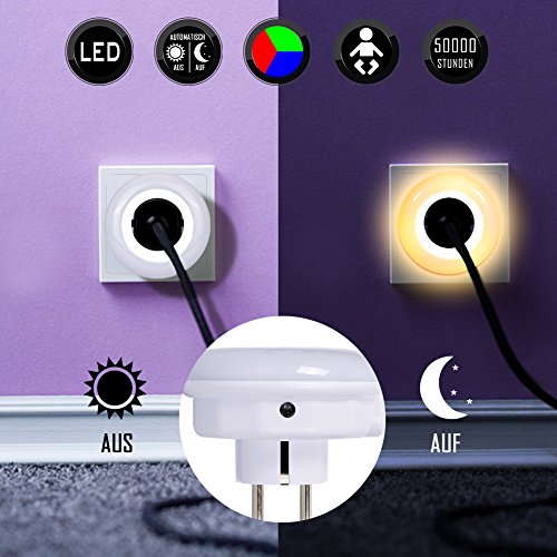 LED Nachtlicht mit Dämmerungssensor Emotionlite Steckdose Nachtlampe Kinder Schützen Steckdose Orientierungslicht Stimmungslicht Multi-Farben (Grün, Blau, Warmweiß) Auswechselbar Helligkeitssensor 0.6W Max. 3680W 16A (2 Stück) - 3