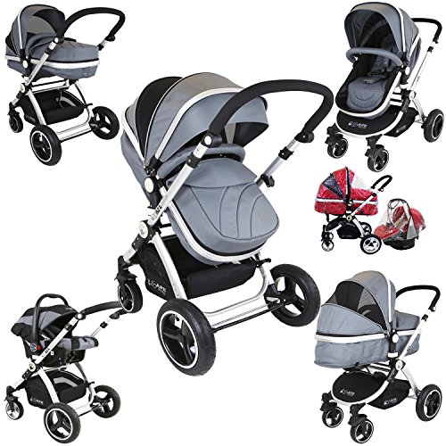i-Safe System - Grey Trio Travel System Pram & Luxury Stroller 3 in 1 Complete With Car Seat + Rain Covers