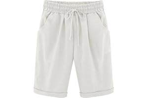 OGLCCG Womens Half Pants Plus Size Knee Length Cotton Linen Shorts with Pockets Summer Solid Beach Vacation Shorts Ladies Straight Leg Trousers Drawstring Elastic Waist Bermuda Shorts Casual Work Shorts
