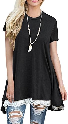 Zaywind Women's A-Line Lace Hem Casual Short Sleeve T-Shirt Crew Neck Oversized Tunic Tops Loose Blouse