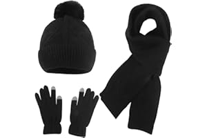 Hinzonek Winter Warm Knit Beanie Hat Scarf Gloves Set for Women Ladies Girls 3 in 1 Pom Pom Hats Mittens Neck Scarf Set Thick Set Outdoor Wearing