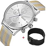 Herren Uhren Schwarz Edelstahl Mesh Armband Elegant - Analog Quarz Uhr - Gold Zifferblatt - Chronograph Wasserdicht Datum - BAOGELA Marken