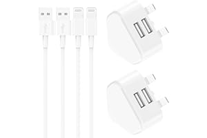 Phone Charger, 4-Pack USB Plug and 2M Cable for iPhone 14 13 12 11 Pro Max Plus Mini X XS XR 8 7 SE 6 5 4, iPad, AirPods, Fast Dual Wall Power Charging Adaptor UK Mains Charge Long Lead Cord Pixelon