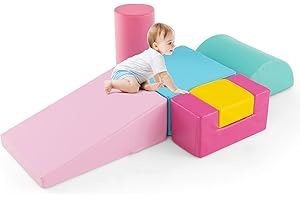 COSTWAY 6 Pieces Kids Climb and Crawl Foam Play Set, Colorful Children's Educational Software Activity Toys, Baby’s Soft Climbing Blocks for Toddlers, Preschoolers (Pink)