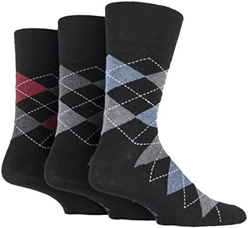 Drew Brady 3 Pack Mens Gentle Grip Non-Elastic Ankle Socks 6-11 Black Argyle