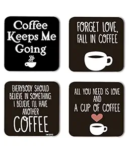 DecorVecor Coffee Lover Inspired Printed Coasters with Beautiful Metal Stand/Holder (MDF Wooden, Set of 4, 3.5x3.5 Inch, Square) for [ Tea/Coffee/Mug/ ] Quotes, Motivational (Design 6)